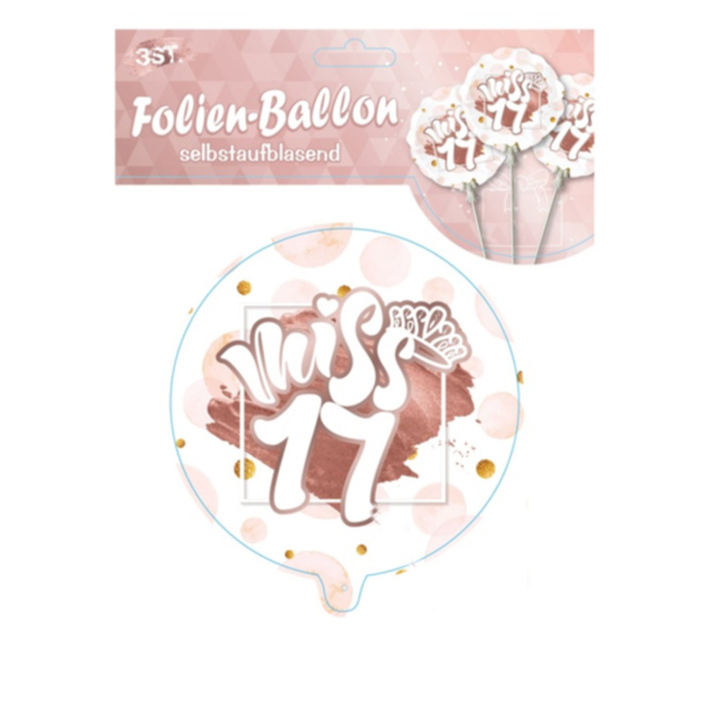 Udo Schmidt Ballon Miss 17 selbstaufblasend 3-tlg aus Kunststoff elegante Geburtstagsdekoration für den 17. Geburtstag